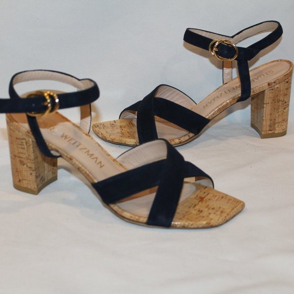 NEW STUART WEITZMAN NAVY STRAPPY SUEDE CORK SANDALS 9.5 $450 - Picture 2 of 6